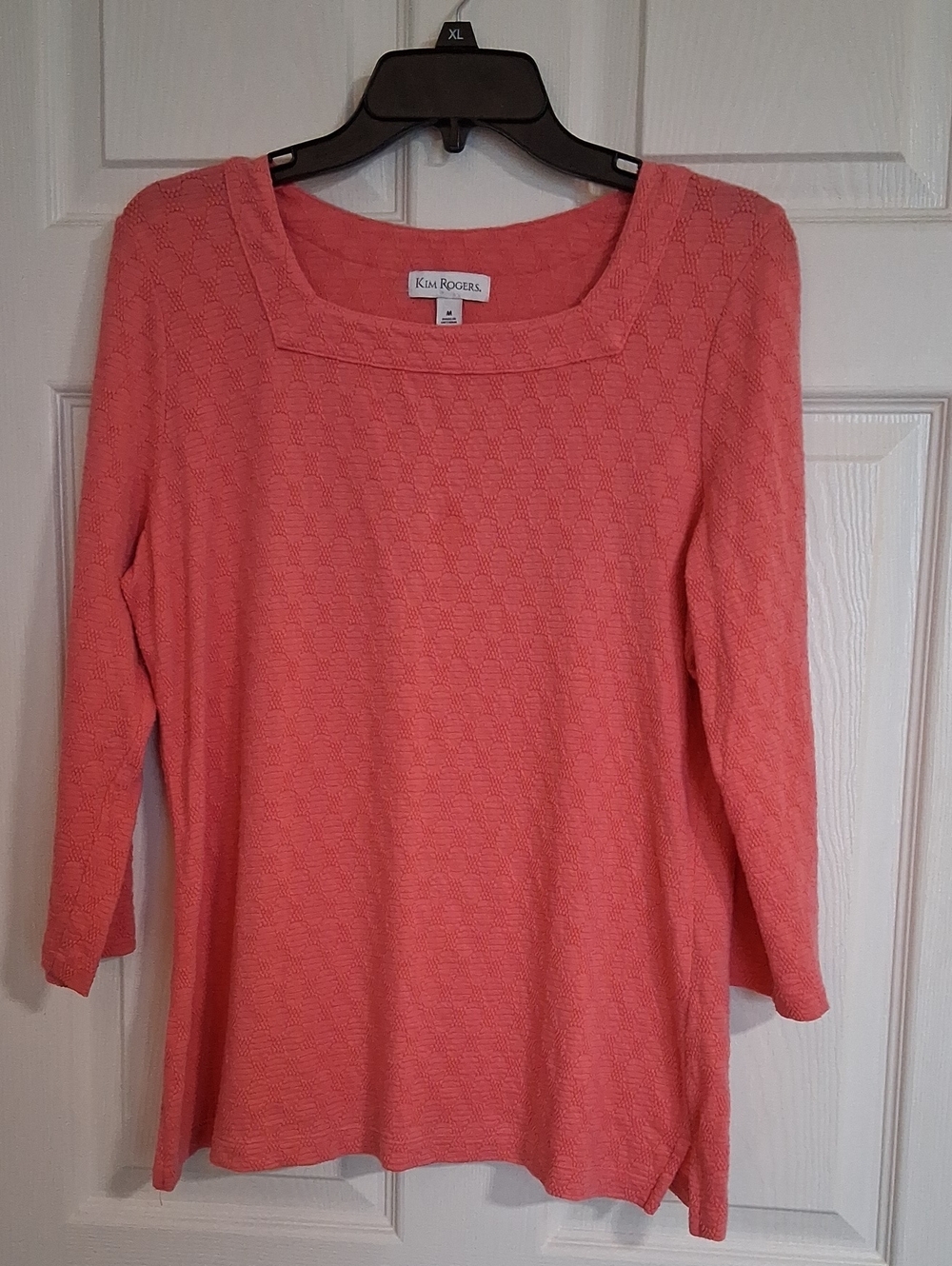 Kim Rogers Coral-Pink Textured Scoop Neck Long Sleeve Top
